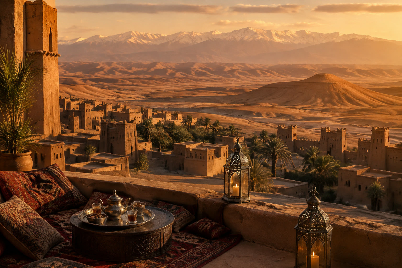 Paisagem do Marrocos ao pôr do sol com arquitetura tradicional