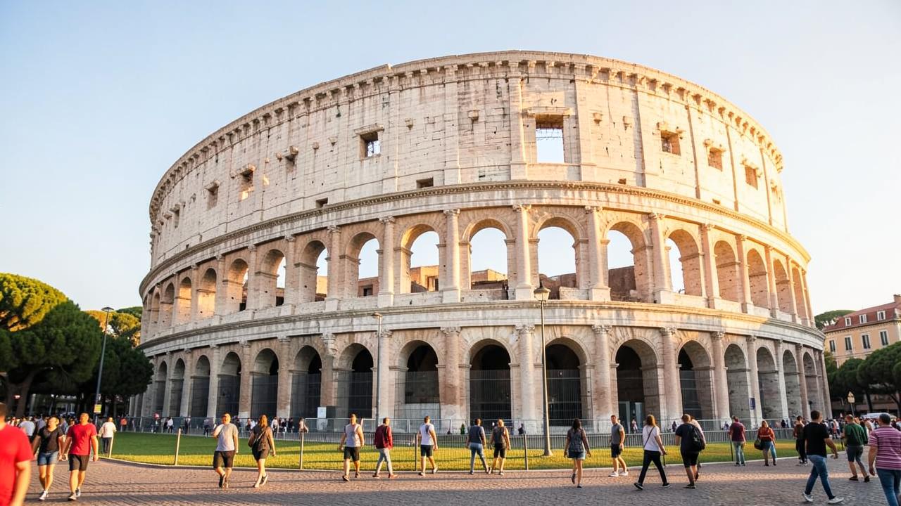 Coliseu de Roma visto de fora com viajantes caminhando ao redor