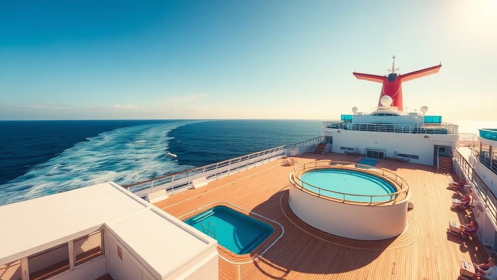 Deck de navio de cruzeiro com piscina e espreguiçadeiras em alto-mar