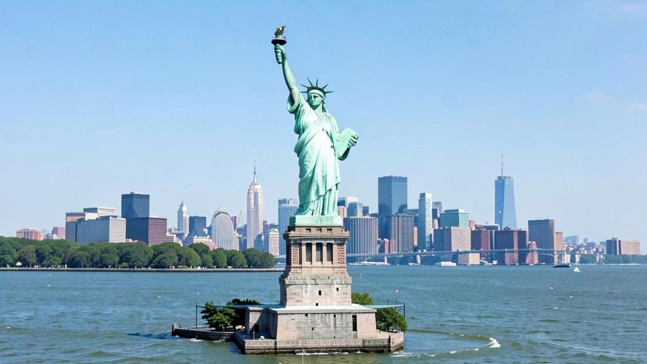 Estátua da Liberdade com o skyline de Nova York ao fundo em dia claro