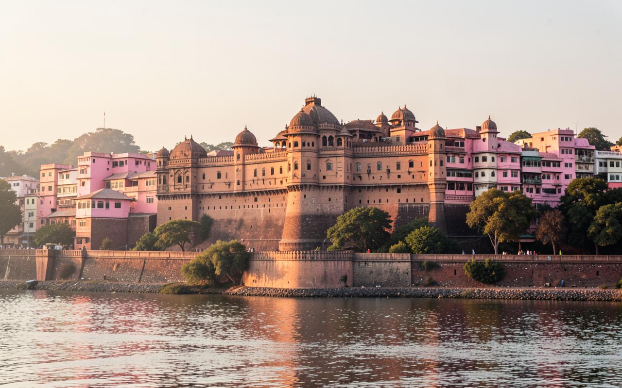 Forte histórico de arenito em Jaipur visto do lago, com construções rosadas ao redor