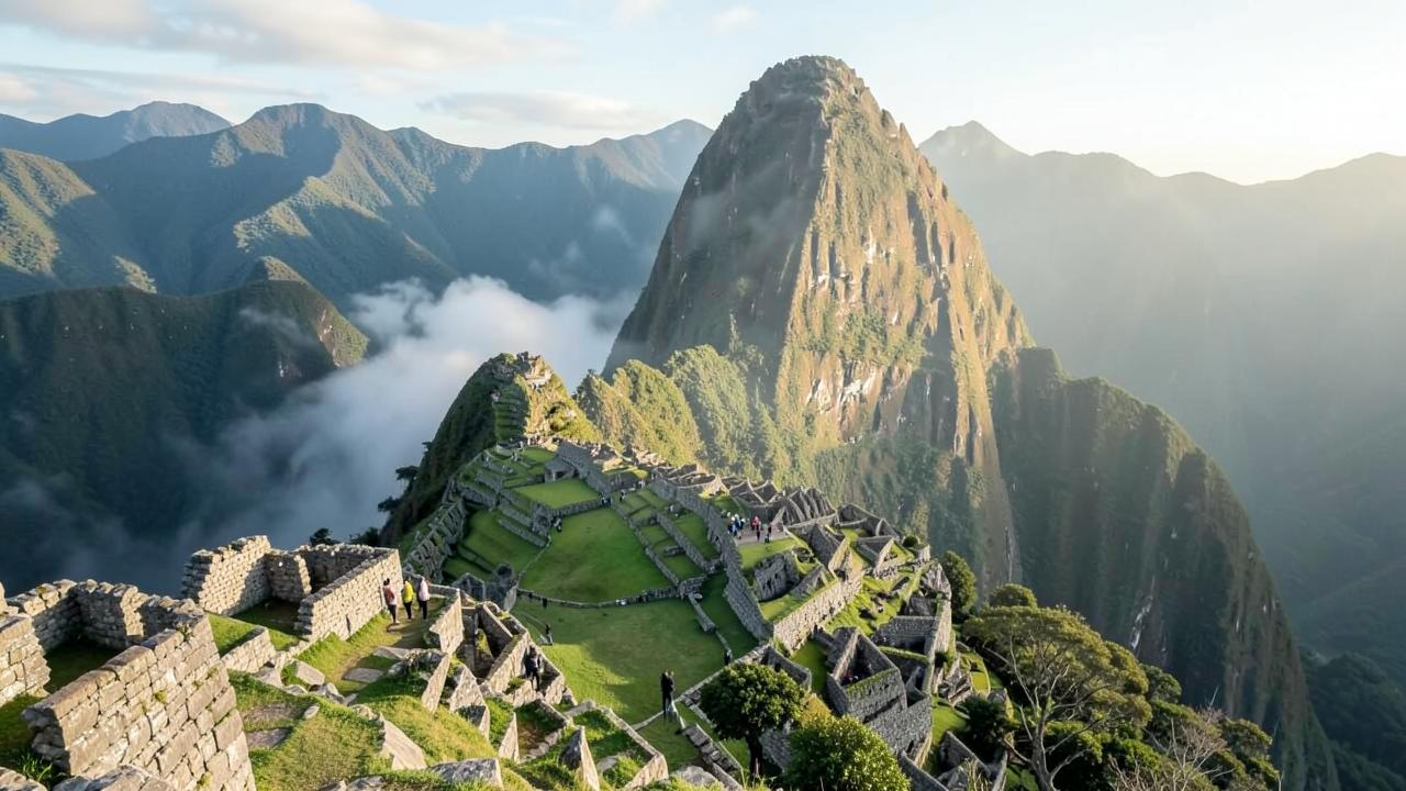 Ruínas de Machu Picchu entre montanhas verdes com névoa pela manhã