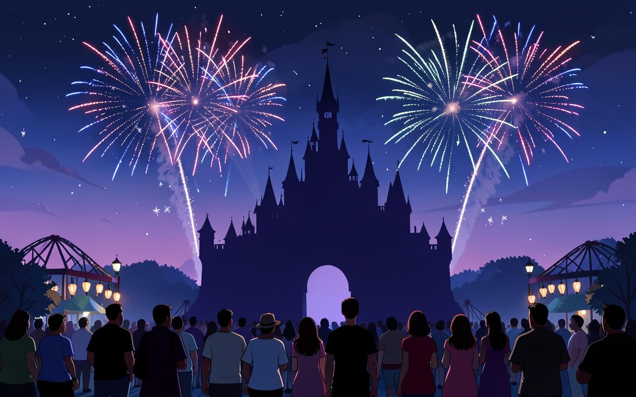 Silhueta estilizada de castelo de parque temático iluminada por fogos de artifício à noite