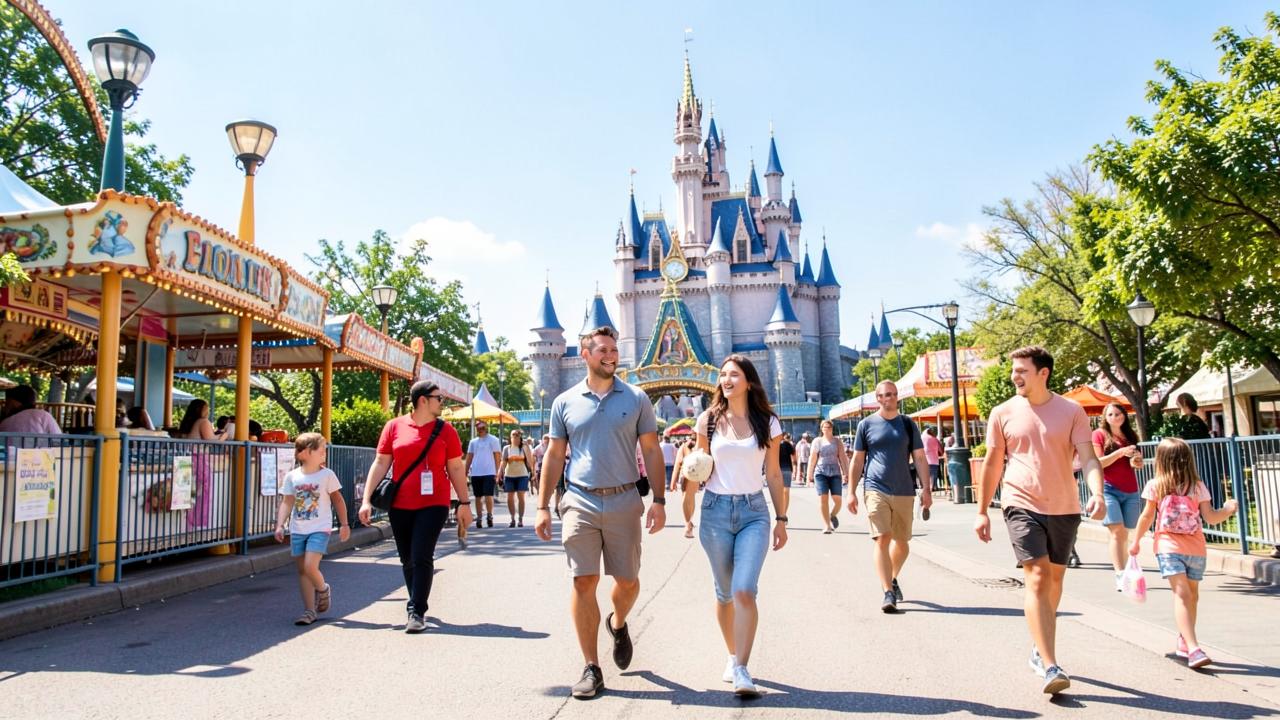 Família caminhando em parque temático com castelo ao fundo em dia ensolarado
