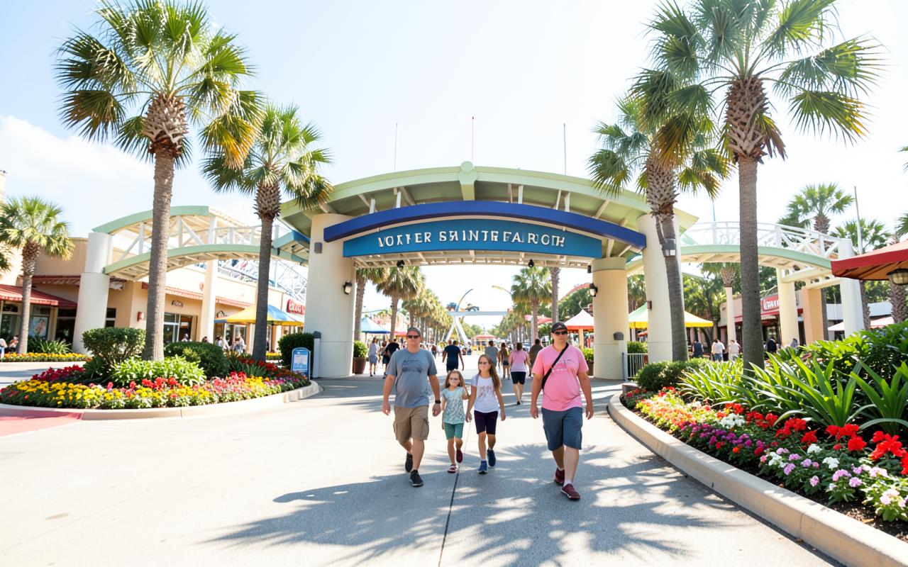 Família caminhando pela entrada arborizada de um parque temático em Orlando em dia de sol