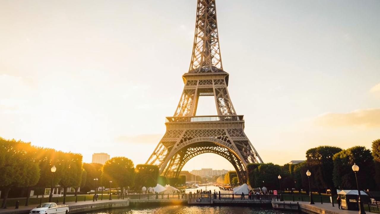 Torre Eiffel em Paris iluminada por luz dourada no fim da tarde