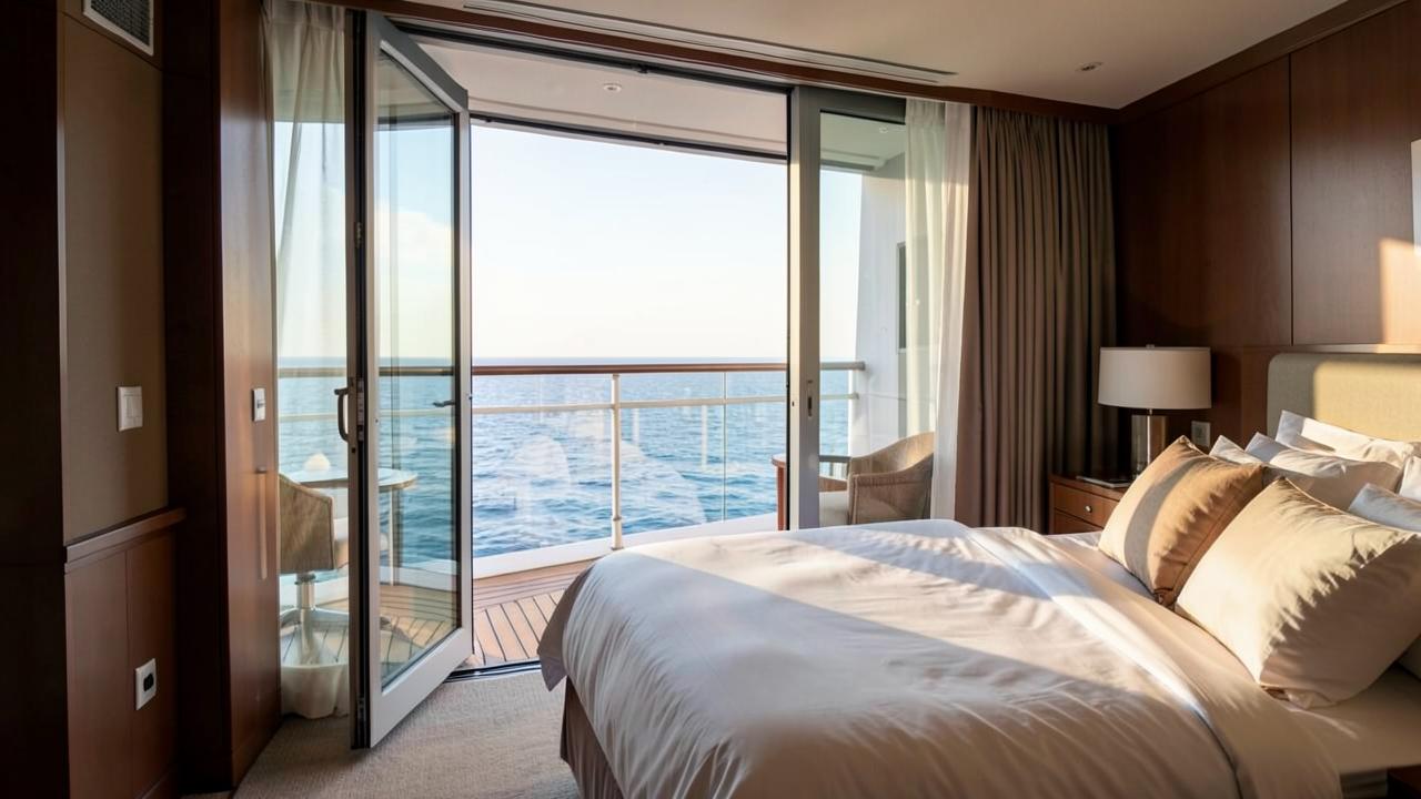 Cabine de navio com varanda aberta e vista para o mar
