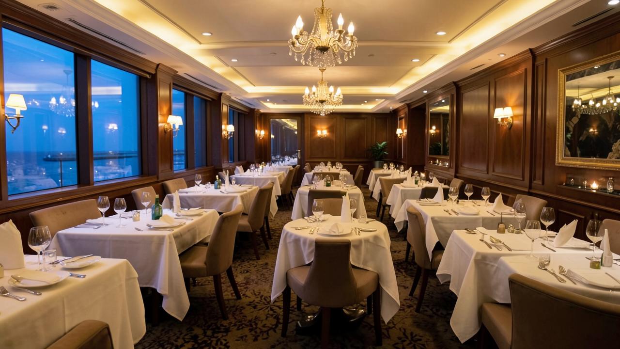 Restaurante interno de navio de cruzeiro com mesas postas