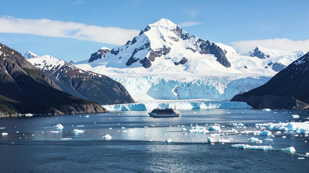 Baía do Alasca com geleira, montanhas nevadas e navio de cruzeiro entre blocos de gelo