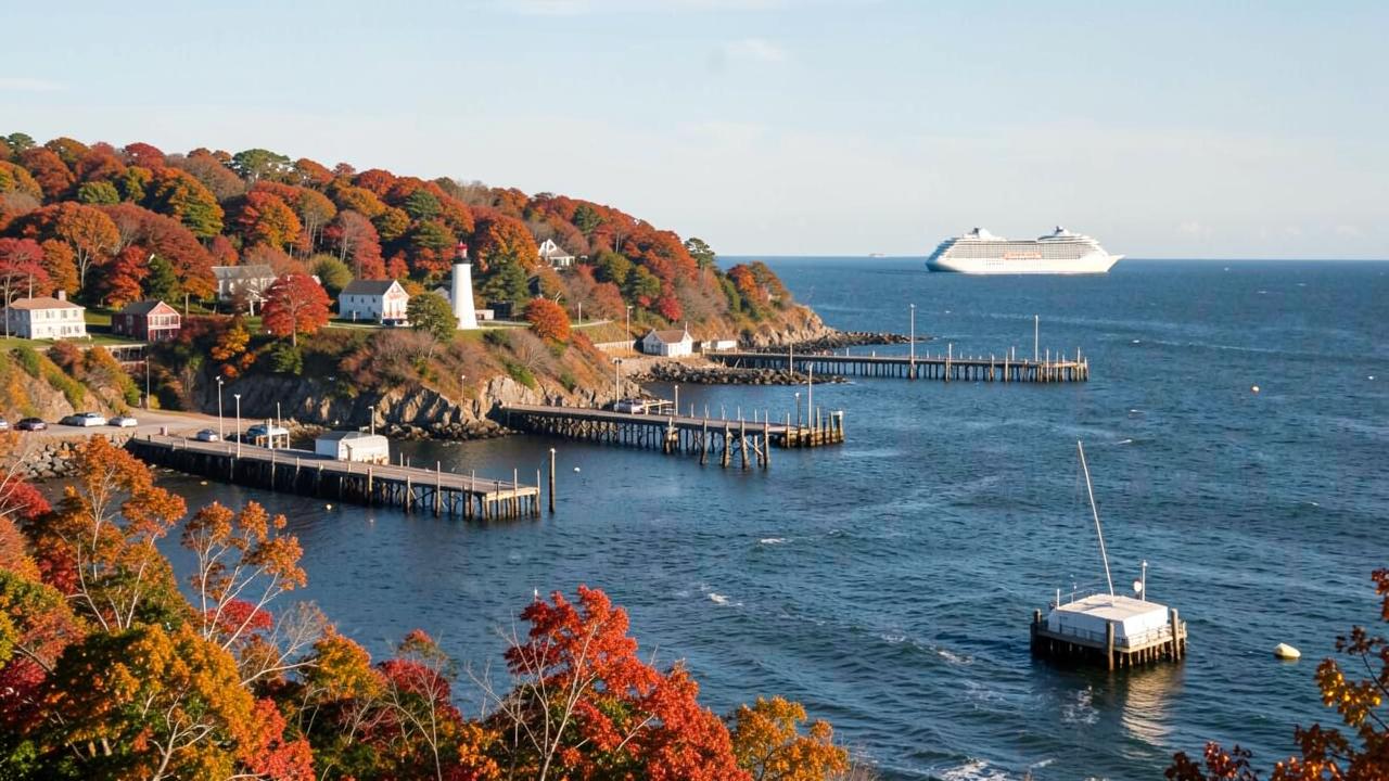 Porto costeiro da Nova Inglaterra no outono com farol e navio de cruzeiro no horizonte