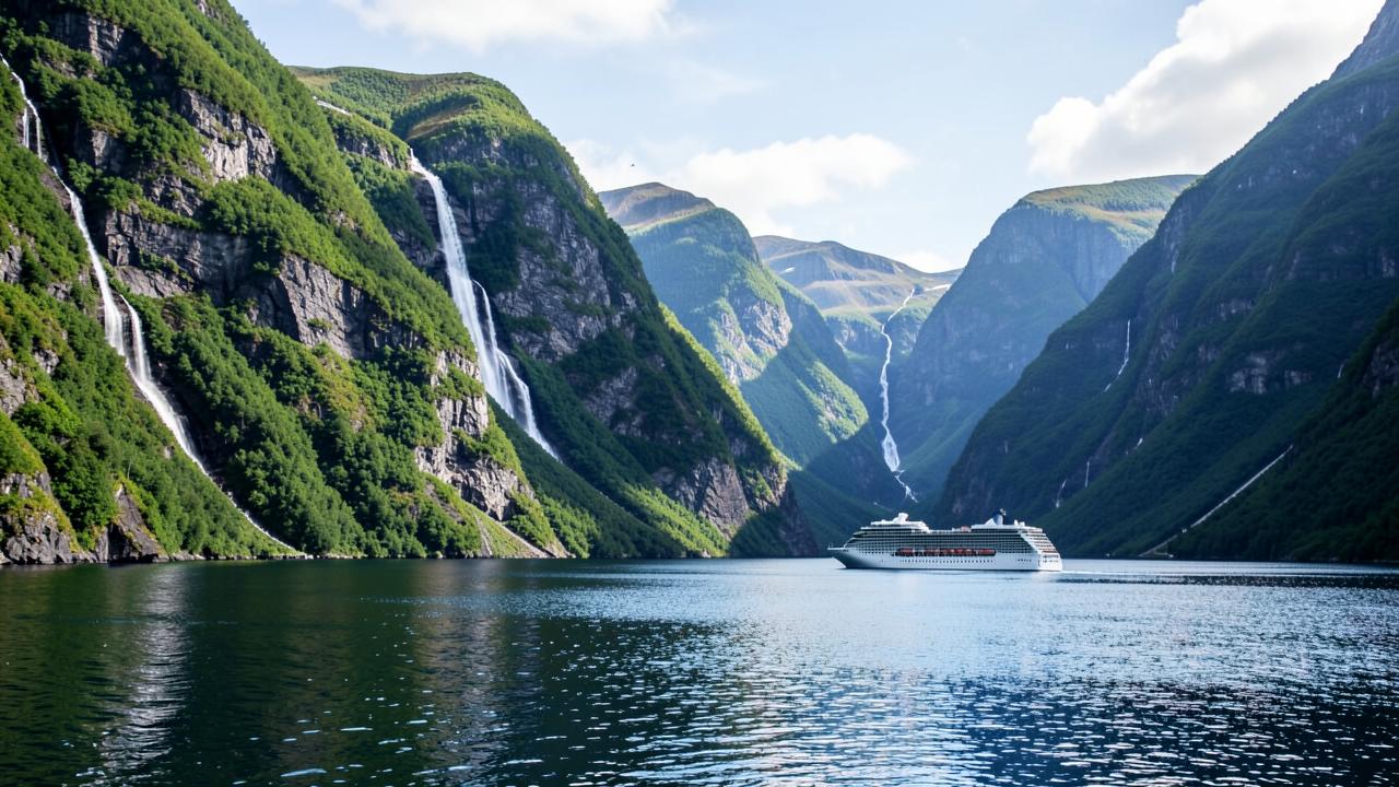 Fiorde norueguês com paredões verdes, cachoeiras e navio de cruzeiro nas águas calmas