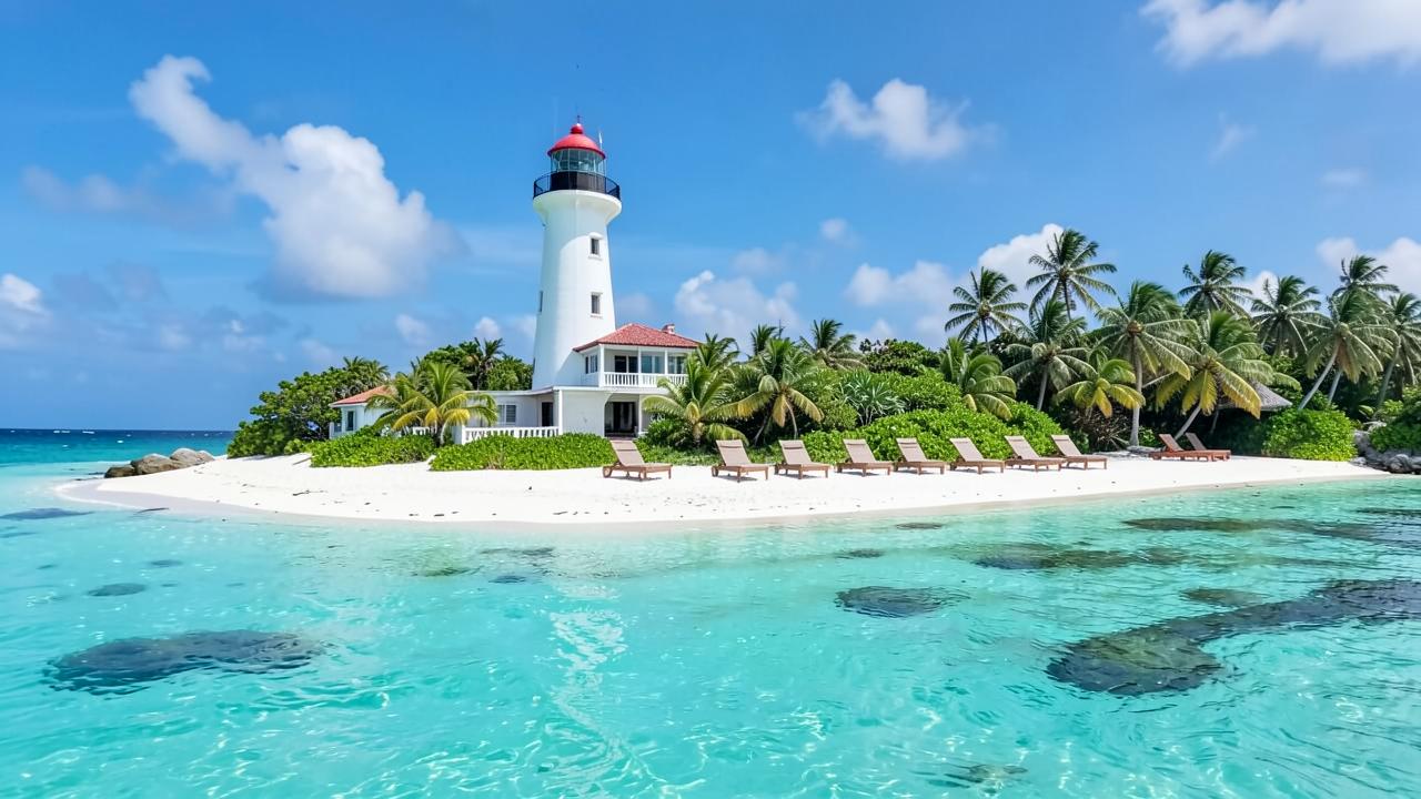 Ilha tropical privativa com farol branco, espreguiçadeiras e lagoa turquesa