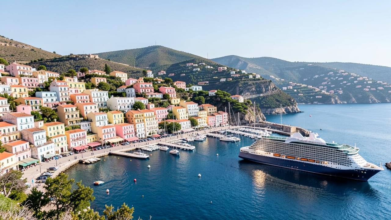 Cidade costeira do Mediterrâneo com casas coloridas, marina e navio de cruzeiro