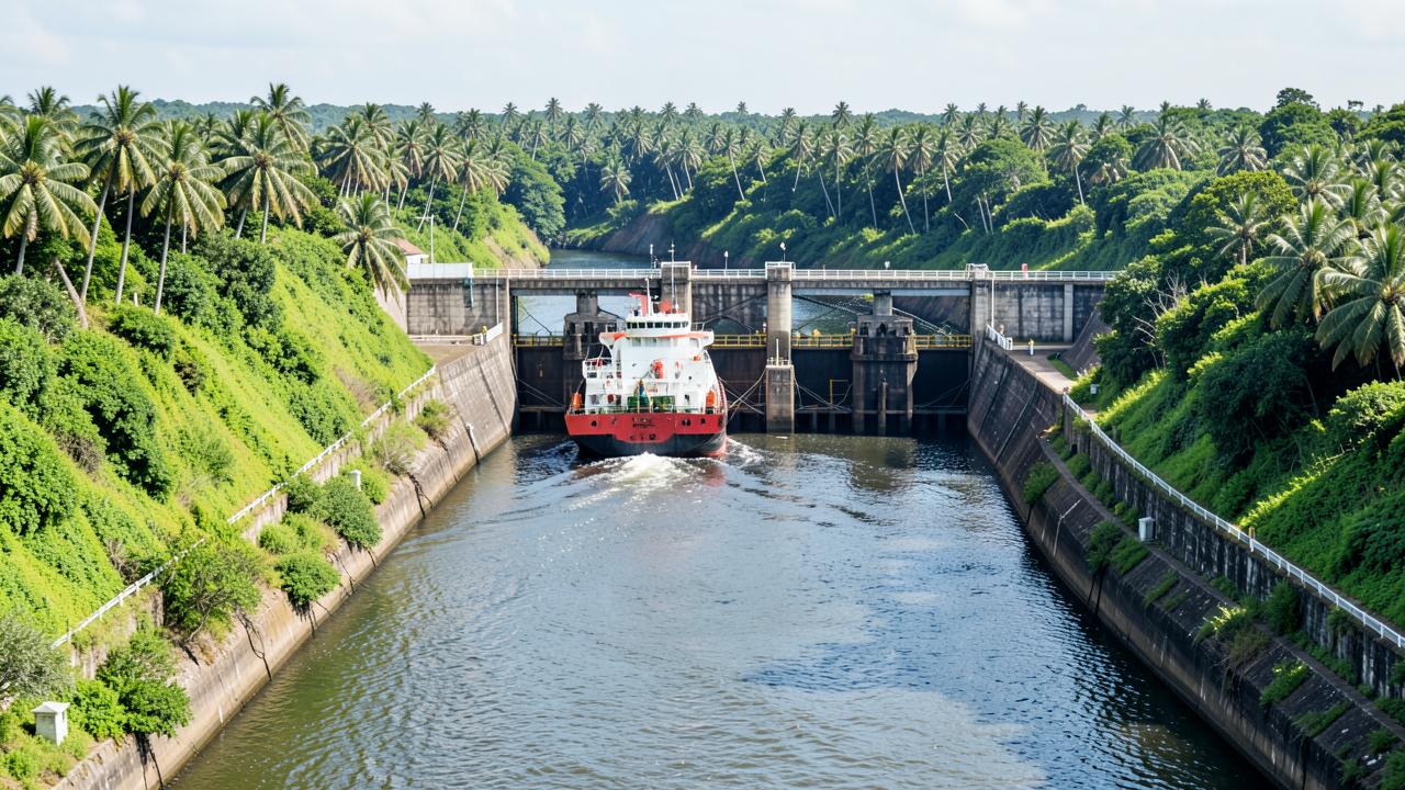 Embarcação atravessando eclusa de canal cercada por vegetação tropical