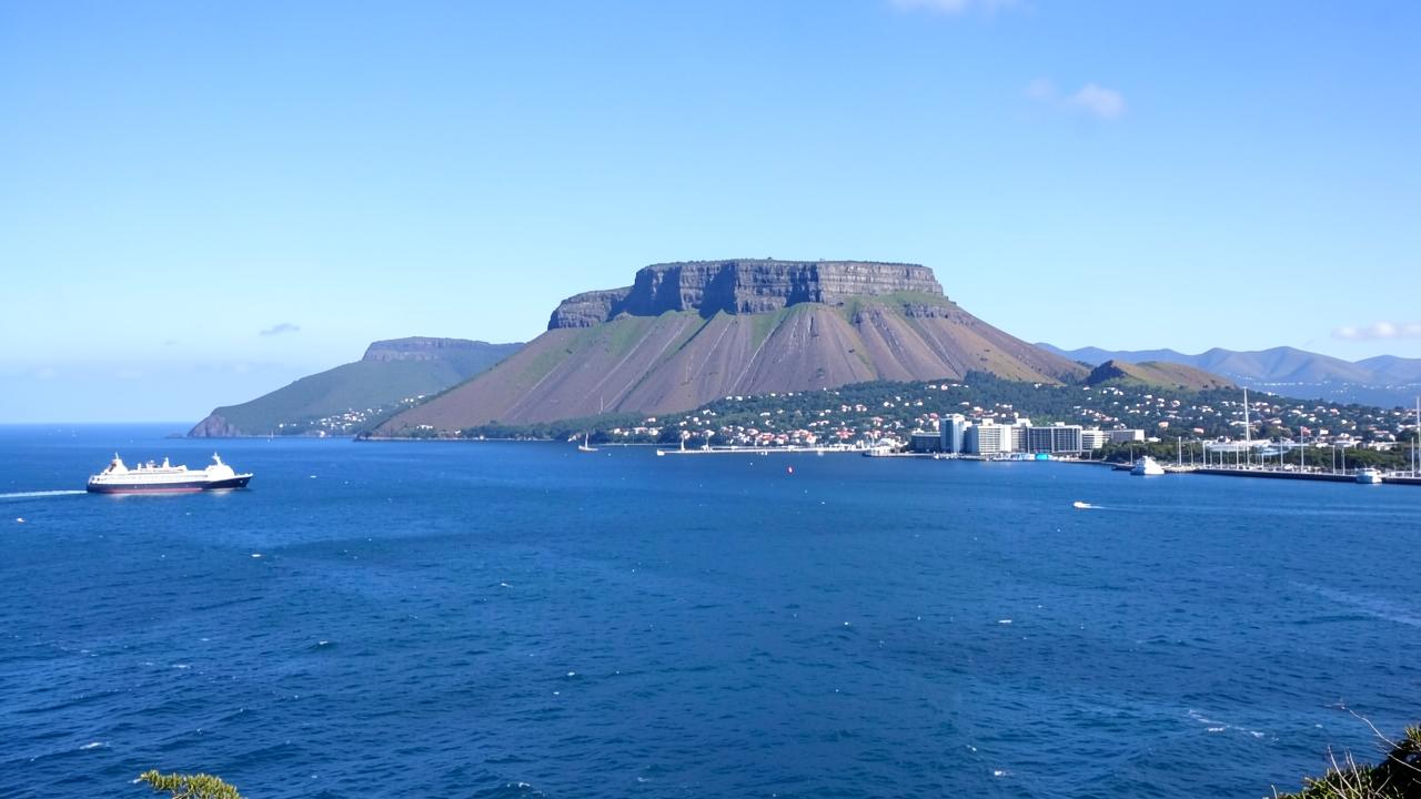 Vista do mar para a Cidade do Cabo com montanha de topo plano e porto
